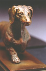 bronze dachshund sculpture by Joy Beckner