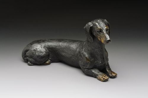 bronze Dachshund canine sculpture by Joy Beckner