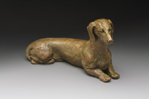 bronze Dachshund canine sculpture by Joy Beckner