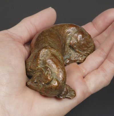 miniature bronze canine sculpture by Joy Beckner