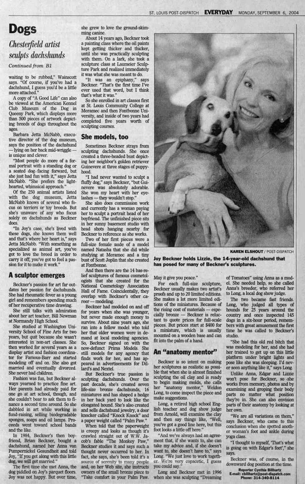 Dashshunds of Bronze - St. Louis Post Dispatch article featuring Joy Beckner