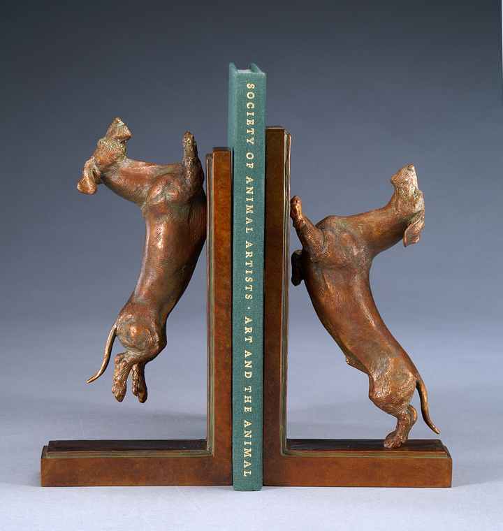 Squirrel Season bronze Dachshund Bookend Sculpture by Joy Beckner