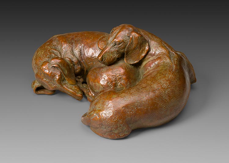 Cozy 1:6 Scale Smooth Toad patina Dachshund Bronze Sculpture by Joy Beckner