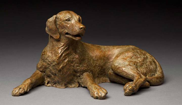 Merry Sunshine Golden Retriever bronze sculpture by Joy Beckner