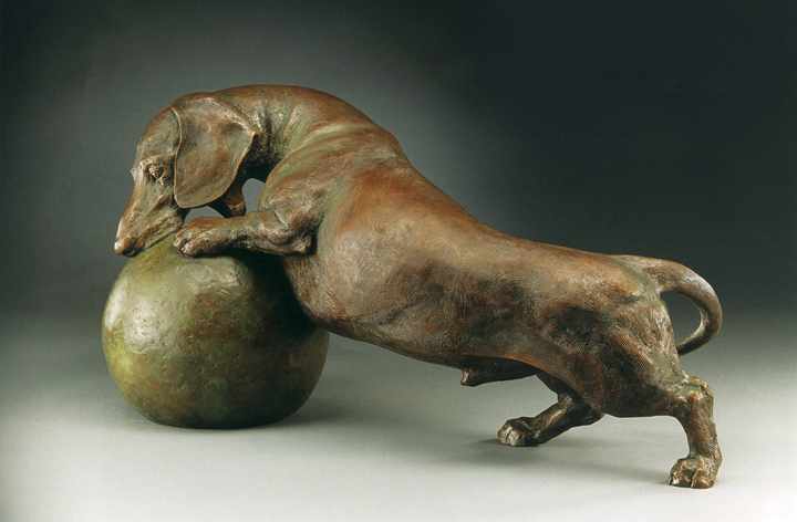 Life's a Ball SS life-size bronze Dachshund sculpture by Joy Beckner