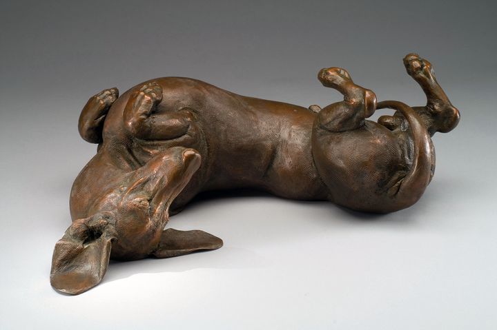 Sunnyside Up SS life-size bronze Dachshund sculpture by Joy Beckner