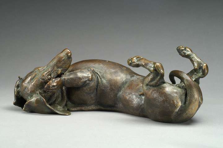 Sweet Roll life-size bronze Dachshund sculpture by Joy Beckner