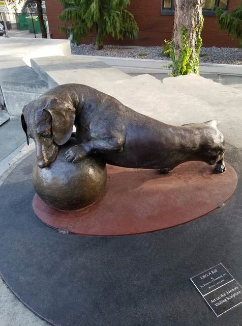 Life's a Ball SS life-size for Cheryl Taylor a bronze Dachshund sculpture by Joy Beckner